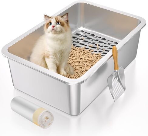 Stainless Steel Sifting Litter Box,Sifting Cat Litter Box for Wood Pine Pellets,Medium Sifter Litter Pan System for Kittens,Odor Control,Easy to Clean,with Sifting Litter Box Liners and Metal Scoop in Saudi Arabia