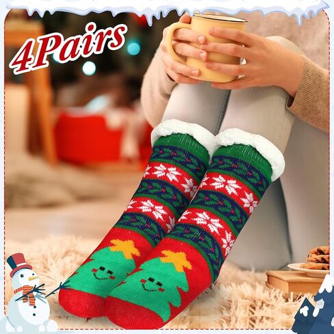 Suhine 4 Pairs Christmas Women's Fuzzy Slipper Socks Christmas Slipper Socks Thick Warm Xmas Slipper Socks for Christmas Presents, Winter Party Supplies in Kuwait