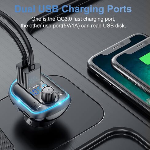 جهاز إرسال FM بلوتوث للسيارة، QC3.0 مطور و5 فولت/1 أمبير شاحن USB مزدوج محول سيارة بلوتوث راديو لاسلكي، إضاءة خلفية LED زرقاء، مكالمات بدون استخدام اليدين، يدعم بطاقة USB محرك TF - T829S in Kuwait