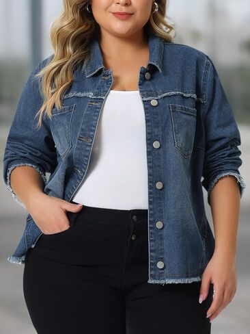 Agnes Orinda Plus Size Denim Jacket for Women Frayed Hem Classic Washed 2023 Denim Jean Jackets in Saudi Arabia