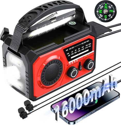 16000mAh Emergency Weather Radio, AM/FM/NOAA Weather Alert Radio Hand Crank/Solar/Type-C Fast Rechargeable Outdoor Radio with Reading Lamp/SOS Alarm/3 Mode Flashlight/Power Bank (Red) in Saudi Arabia