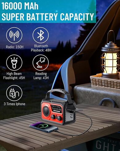 16000mAh Emergency Weather Radio, AM/FM/NOAA Weather Alert Radio Hand Crank/Solar/Type-C Fast Rechargeable Outdoor Radio with Reading Lamp/SOS Alarm/3 Mode Flashlight/Power Bank (Red) in Saudi Arabia