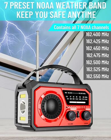 16000mAh Emergency Weather Radio, AM/FM/NOAA Weather Alert Radio Hand Crank/Solar/Type-C Fast Rechargeable Outdoor Radio with Reading Lamp/SOS Alarm/3 Mode Flashlight/Power Bank (Red) in Saudi Arabia