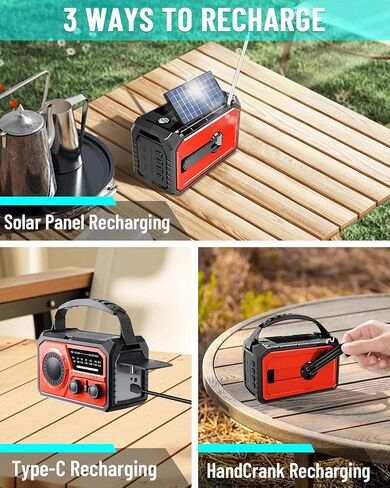 16000mAh Emergency Weather Radio, AM/FM/NOAA Weather Alert Radio Hand Crank/Solar/Type-C Fast Rechargeable Outdoor Radio with Reading Lamp/SOS Alarm/3 Mode Flashlight/Power Bank (Red) in Saudi Arabia