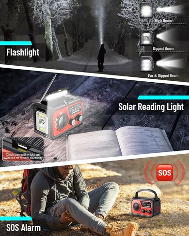 16000mAh Emergency Weather Radio, AM/FM/NOAA Weather Alert Radio Hand Crank/Solar/Type-C Fast Rechargeable Outdoor Radio with Reading Lamp/SOS Alarm/3 Mode Flashlight/Power Bank (Red) in Saudi Arabia