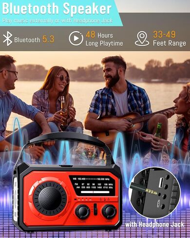 16000mAh Emergency Weather Radio, AM/FM/NOAA Weather Alert Radio Hand Crank/Solar/Type-C Fast Rechargeable Outdoor Radio with Reading Lamp/SOS Alarm/3 Mode Flashlight/Power Bank (Red) in Saudi Arabia