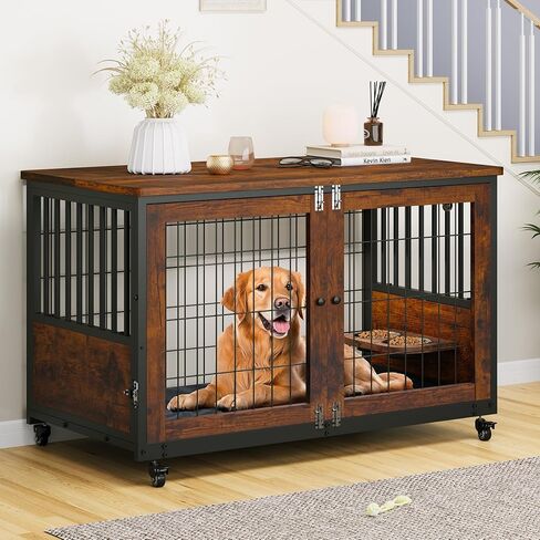 YITAHOME Dog Kennel Furniture with Feeder Bowls, 38.1" Dog Kennel End Table with Wheels and Flip Top, Furniture Style Dog Crate for Medium/Large Dogs, Brown in Saudi Arabia