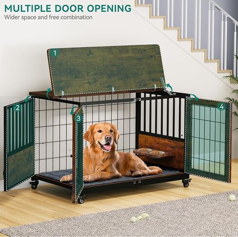 YITAHOME Dog Kennel Furniture with Feeder Bowls, 38.1" Dog Kennel End Table with Wheels and Flip Top, Furniture Style Dog Crate for Medium/Large Dogs, Brown in Saudi Arabia
