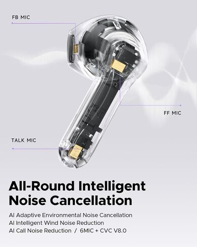 سماعات أذن لاسلكية SoundPEATS AI بخاصية إلغاء الضوضاء، aptx Adaptive Lossless وQCC3091، سماعات بلوتوث V5.4 مع 6 ميكروفونات، إجمالي 30 ساعة، التحكم في التطبيق (أبيض) in Kuwait