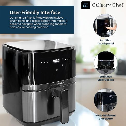 مقلاة هوائية كهربائية سعة 4.5 لتر من Culinary Chef مع سلة زجاجية، درجة حرارة قابلة للتعديل، تحكم بلوحة تعمل باللمس، وظائف طهي بلمسة واحدة، وطهي سريع 360 درجة، طاقة 1350 واط in Saudi Arabia
