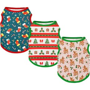 Vehomy 3-Pack Christmas Dog Shirt Xmas Dog Clothes Pet Christmas Sleeveless Shirts Dog Xmas Tank Tops with Elks Christmas Trees Stripes Patterns Dog Xmas Costumes Vests for Small Medium Dogs M