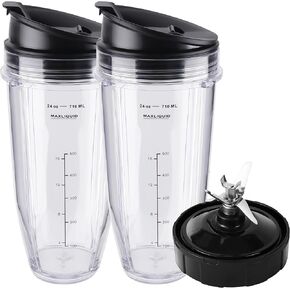 Ninja Blender Cups Replacement Parts 5-Piece Set: 2 x 24oz Cups with Lids & 7-Fins Blade, Fits Nutri Ninja BN401 BN751 BN801 BL450 BL480 BL640 NN100