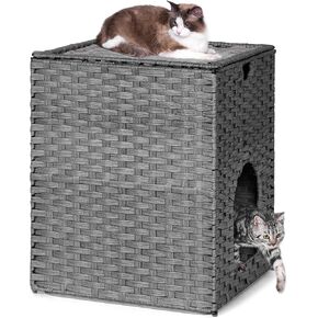 Cat Litter Box Enclosure with Litter Trapping Mat; Handwoven Plastic Rattan Cat House; No Installation Hidden Cat Washroom; Pet Crate for Balcony,Bedroom,Living Room