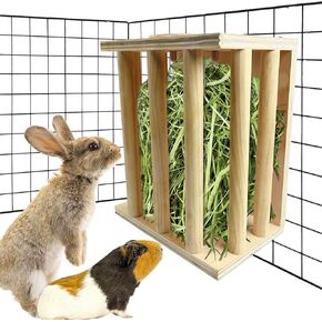 kathson Rabbit Hay Feeder Wooden Bunny Hay Rack Guinea Pig Hay Holder Chinchilla Hay Manger for Hamster Ferrets Squirrel and Other Small Animals