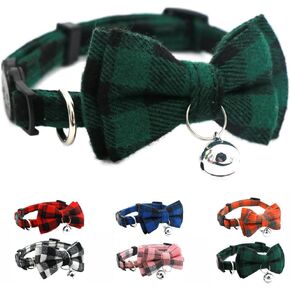 White Plaid Dog Bow Collar with Bell, Breakaway Cat Collar Bell with Bowtie Christmas Puppy Collars for XXS Xs Small Tiny Little Pet Dogs Boy Girl Kitten, for Hoilday Birthday Party