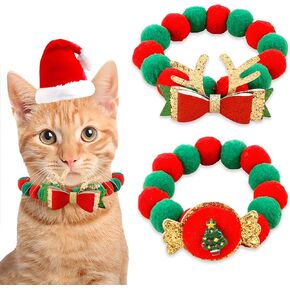 2 Pack Christmas Cat Collars - Xmas Pet Bow Tie Collar, Adjustable Cute Holiday Bowtie, Pet Necklace Accessories for Girl Boy Kitty Kitten Adult Cats Small Meidum Dogs