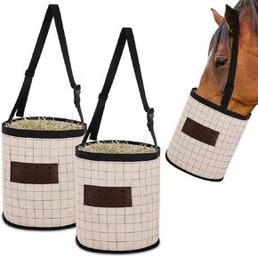 2 Pack Horse Feed Bags 12.6 Inch in Depth Vented Leather Canvas Horse Feed Bucket with Adjustable Strap Waterproof Horse Hay Feeder for Feeding Horse Supplies, Safety and No-spill Flap Design
