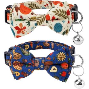2pcs Thanksgiving Cat Collars, Breakaway Cat Collars with Bow Bell Pumpkin Cat Collar Cute Fall Autumn Holiday Kitten Collar Accessories for Boys Girls Cats Kitty Costume Decorations (Style 1)