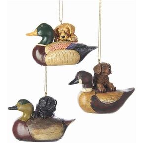 Puppy With Duck Decoy Ornaments, 3 Assorted