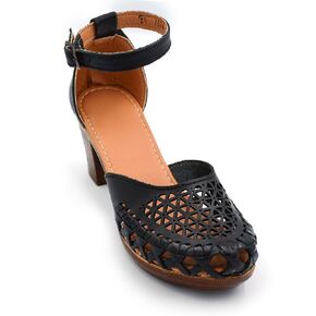 Mexican Leather Shoes with Embroidered Flowers, with Ankle Strap and Heels for Women - Model 1026 (7, BROWN)