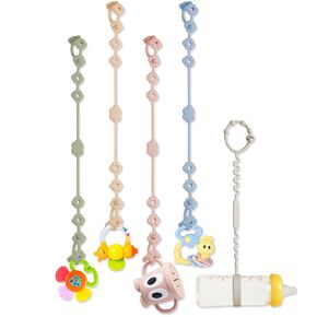 Toy Straps for Baby - 6 Pack Adjustable Silicone Toy Safety Straps and Sippy Cup Straps for Strollers, High Chairs, Cribs, Car Seats, Multi Colors (Blue+Green+Beige+Pink+Khaki+Gray)