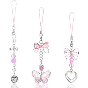 Cute Phone Charms 3Pcs Y2K Phone Charm Accessories Pink Phone Charm Aesthetic Phone Charms Star Bowknot Love Heart Cell Phone Charms Strap for Phone Bag Keychain Camera Pendants Decor