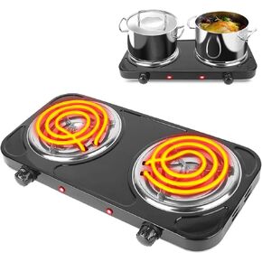 Hot Plate, Double Burner, 2000W Portable Electric Stove for Cooking with 5 Levels Adjustable Temperature & Dual Control, Countertop Double Coil Burner Cast Iron Cooktop for All Cookwares Home Camp RV