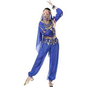 Women's Halloween Costume Set Belly Dance Crop Top Pleated Harem Pants for Dress Up Party 5 Piece Outfit (One Size, B Rose) …