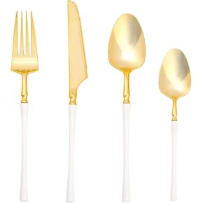 120 PCS Elegant Gold & White Plastic Silverware Set, Disposable Cutlery Set, Heavy Duty, Disposable Plastic Utensils Set for Parties, Plastic Cutlery Set, 30 Forks, 30 Knives, 30 Spoons, 30 Teaspoons.