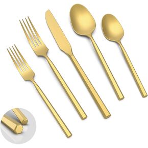 20-Piece Matte Black Silverware Set, Forged Stainless Steel Cutlery Set, Dishwasher Safe Flatware set, Matte Polished |Service for 4 Hexagon Handle