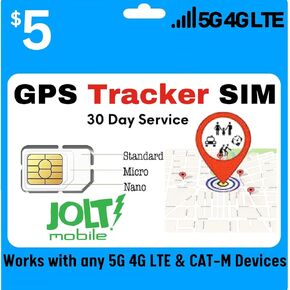 Jolt Mobile بطاقة SIM محملة مسبقًا بقيمة 5 دولارات أمريكية لأجهزة تعقب GPS 5G 4G LTE للحيوانات الأليفة والأطفال الكبار وأجهزة تتبع نشاط السيارة | خدمة لاسلكية لمدة 30 يومًا في الولايات المتحدة مع خدمة التجوال في كندا والمكسيك