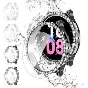 【4+4Pack】Bling Diamond Case for Galaxy Watch 5/Galaxy Watch 4 Screen Protector 40mm,Anti-Fog Tempered Glass Protective Film and Hard PC Cover Bumper,Watch 5/4 Smartwatch Accessories for Women
