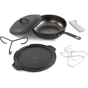 GSI Outdoors Guidecast Outdoor Cookset: 10" Deep Frypan with Dome Lid, Dual-Sided Cast Iron Griddle/Grill, Removable Handles