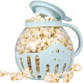 Glass Microwave Popcorn Popper, 2.3QT 3-in-1 Popcorn Jar with Silicone Lid, Without BPA, Microwave&Dishwasher Safe - Blue
