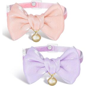 Cat Collar Bow Tie, 2 Pack Cotton Pink Cat Collar with Bell, Adjustable Breakaway Kitten Collars Soft and Cute Safety Collars for Girl and Boy Cats(Pink & Purple)