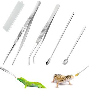 2 Pcs Reptile Feeding Tongs, 2 Pcs Feeding Spoons, 1 Pcs Tool Storage Box, Stainless Steel Feeder Tool for Tank Lizards Bearded Dragon Spider Snake