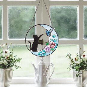 Cat Memorial Suncatcher Stained Acrylic Window Hanging Panels Indoor Outdoor Round Windows Hanger Kitchen Bedroom Garden Wall Art Decor Gifts for Women Mom Grandma Teacher