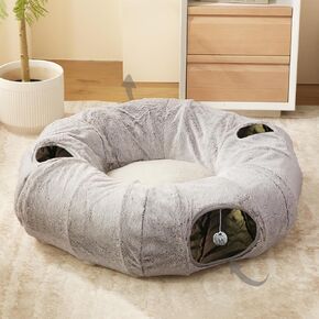 Cat Tunnel Bed for Indoor Cats - Cute Cat Donut Tunnel with Washable Circle Cushion, Round Pet Play Tunnel Toy for Kitten/Puppy/Rabbit,Grey