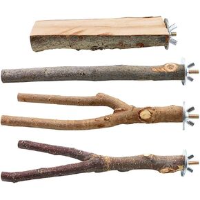 BILLIOTEAM 4 Pack Natural Wood Bird Perch Parrot Stand Branches Fork Toys,Pet Bird Cage Wooden Hanging Perch Platform Hammock Swing Toy for Small Parakeets,Budgies,Cockatiels,Conures,Macaws,Finches