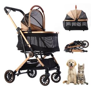 Pet Stroller 3 in 1 Folding Dog Stroller,4 Wheels Dog Cat Puppy Stroller for S/M Pet,One-Touch Foldable Light Weight Pet Stroller,Removable Travel Carrier,Waterproof Pad,Car Seat,Sun Shade (Brown)