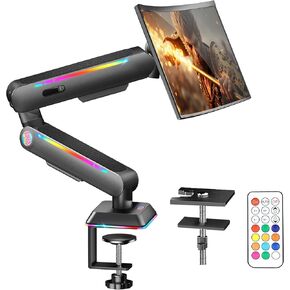حامل شاشة، حامل شاشة فردي عالي التحمل مع ضوء RGB، ذراع شاشة قابل للتعديل للارتفاع لشاشات مقاس 17 بوصة - 32 بوصة يصل وزنها إلى 19.8 رطل، حامل Vesa مع مشبك وقاعدة جروميت، حامل شاشة مكتب أسود