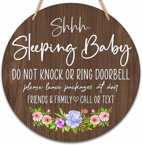 Baby Sleeping Sign for Front Door, Do Not Knock or Ring Doorbell Round Hanging Sign With Rope, Rustic Wooden Baby Bedroom Nursery Home Front Door Porch, New Mom Gifts, B(05) in Saudi Arabia