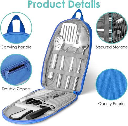 مجموعة أدوات مطبخ للتخييم، أدوات طبخ وشواء خارجية من الفولاذ المقاوم للصدأ مكونة من 9 قطع مع حقيبة تنظيم، مجموعة أدوات طهي مثالية للسفر والنزهات والمركبات الترفيهية والتخييم وحفلات الشواء والمزيد in Kuwait