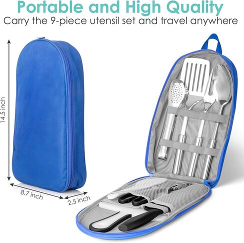 مجموعة أدوات مطبخ للتخييم، أدوات طبخ وشواء خارجية من الفولاذ المقاوم للصدأ مكونة من 9 قطع مع حقيبة تنظيم، مجموعة أدوات طهي مثالية للسفر والنزهات والمركبات الترفيهية والتخييم وحفلات الشواء والمزيد in Kuwait