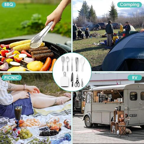 مجموعة أدوات مطبخ للتخييم، أدوات طبخ وشواء خارجية من الفولاذ المقاوم للصدأ مكونة من 9 قطع مع حقيبة تنظيم، مجموعة أدوات طهي مثالية للسفر والنزهات والمركبات الترفيهية والتخييم وحفلات الشواء والمزيد in Kuwait