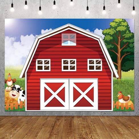 Cartoon Farm Photography Backdrop 7x5ft Animals Red Rustic Farmhouse Red Barn Photo Background for Kids Farm Birthday Party Decoration Barnyard Baby Shower Newborn Photobooth Banner in Kuwait