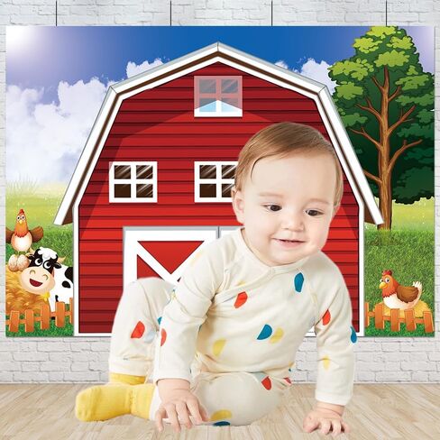 Cartoon Farm Photography Backdrop 7x5ft Animals Red Rustic Farmhouse Red Barn Photo Background for Kids Farm Birthday Party Decoration Barnyard Baby Shower Newborn Photobooth Banner in Kuwait