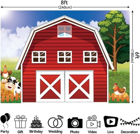 Cartoon Farm Photography Backdrop 7x5ft Animals Red Rustic Farmhouse Red Barn Photo Background for Kids Farm Birthday Party Decoration Barnyard Baby Shower Newborn Photobooth Banner in Kuwait