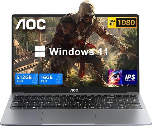 AOC أحدث كمبيوتر محمول مقاس 15.6 بوصة للمنزل أو العمل، معالج Intel رباعي النواة (يصل إلى 3.6 جيجا هرتز)، ذاكرة الوصول العشوائي 16 جيجا، 512 جيجا SSD، كمبيوتر محمول يعمل بنظام Windows 11، شاشة FHD، كاميرا ويب، خفيف ورقيق، هيكل معدني، HDMI، نوع C، USB3 .2 in Saudi Arabia