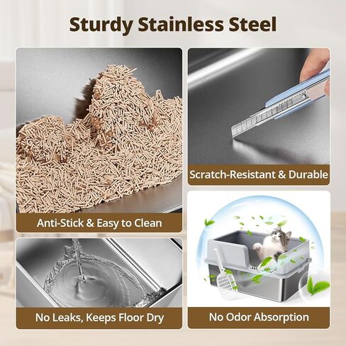 Stainless Steel Litter Box, XL Extra Large Metal Litter Box for Big Cats, High-Sided Cat Litter Box for Odor Free and Easy Cleaning, with Litter Scoop in Kuwait